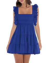 Blue Square Neck Back Lace-up Ruffled Tiered Mini Dress