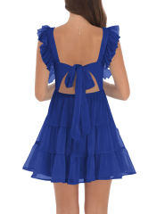 Blue Square Neck Back Lace-up Ruffled Tiered Mini Dress