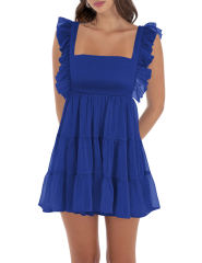Blue Square Neck Back Lace-up Ruffled Tiered Mini Dress