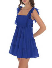 Blue Square Neck Back Lace-up Ruffled Tiered Mini Dress