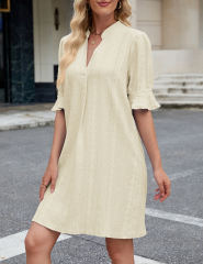 Apricot Jacquard Half Sleeve Split V Neck Shift Dress