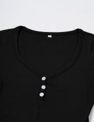 Black Button U Neck Crop Top and Drawstring Pants Set