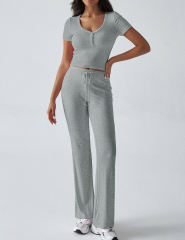 Grey Button U Neck Crop Top and Drawstring Pants Set