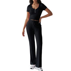 Black Button U Neck Crop Top and Drawstring Pants Set