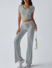 Grey Button U Neck Crop Top and Drawstring Pants Set