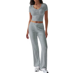 Grey Button U Neck Crop Top and Drawstring Pants Set