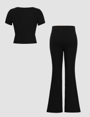 Black Button U Neck Crop Top and Drawstring Pants Set