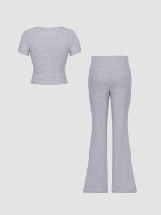 Grey Button U Neck Crop Top and Drawstring Pants Set