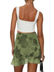 Army Green Mesh Floral Print Tie Waist Mini Skirt