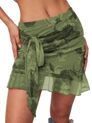 Army Green Mesh Floral Print Tie Waist Mini Skirt