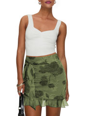 Army Green Mesh Floral Print Tie Waist Mini Skirt