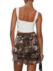 Dark Brown Mesh Floral Print Tie Waist Mini Skirt