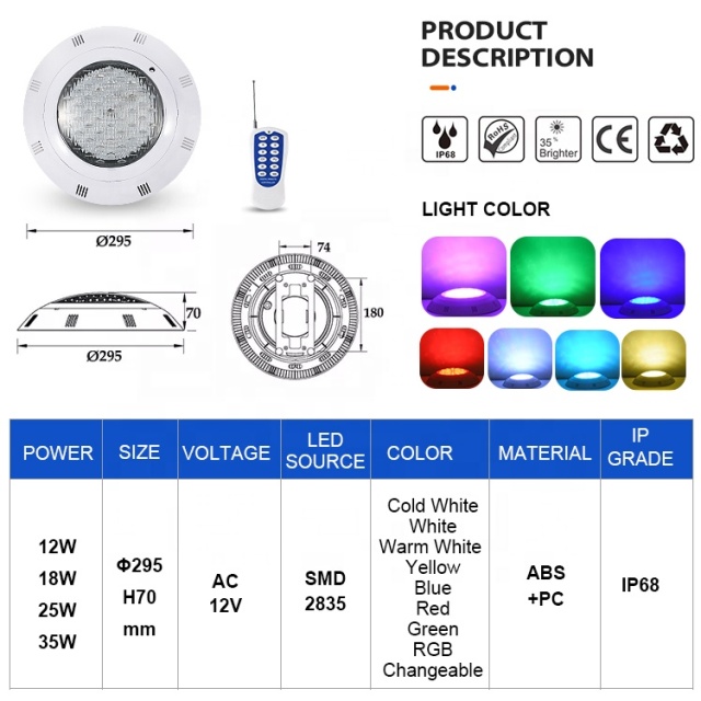 12V Rgb Led 18W Underwater Lamp Ip68 Waterproof Abs Remote Control Wall Mounted Led Swimming Pool Lighting
