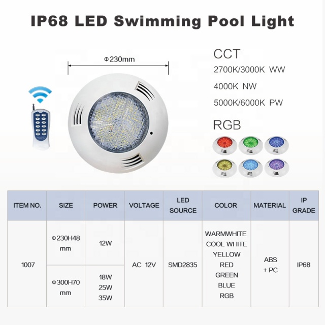 QUYIE ABS 12V 18W Rgb Rf Wireless Remote Underwater Lighting IP68 Waterproof Colorful Under Water Led Swimming Pool Light