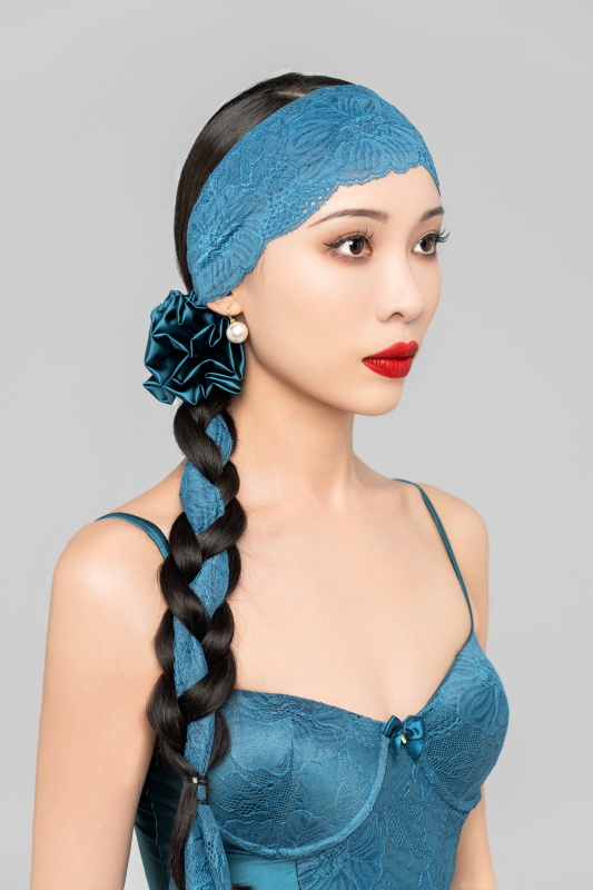Satin Flower Hair Clip Lace Headband (Ice Blue)