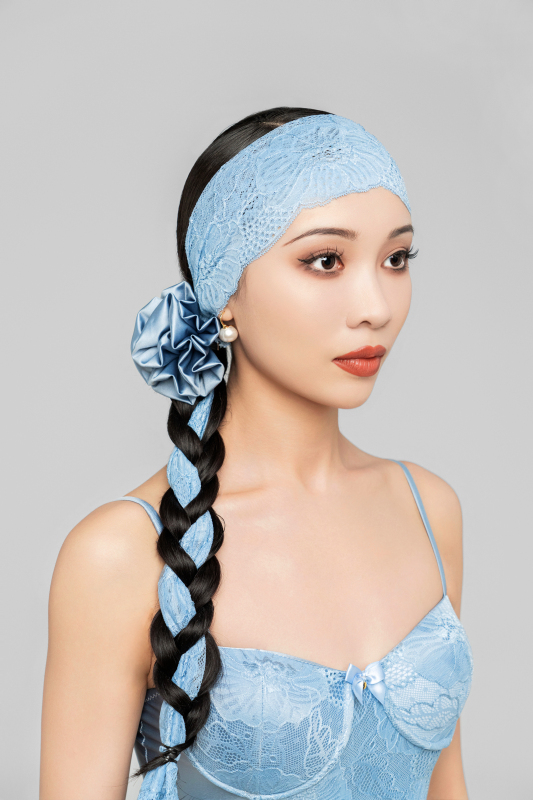Satin Flower Hair Clip Lace Headband (Ice Blue)