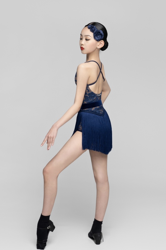 Lace back cross strap bodysuit (With Hair Accessories / Navy Blue )