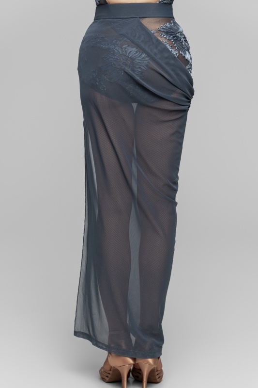 Floral mesh gauze open hip slit skirt（Haze Blue）