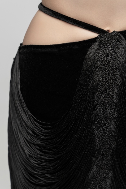 Velvet slanted belt hanging tassels skirt(Black)