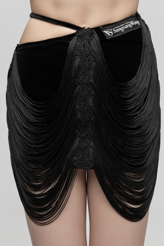 Velvet slanted belt hanging tassels skirt(Black)