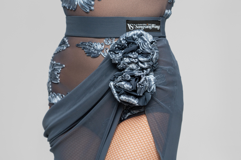 Floral mesh gauze open hip slit skirt（Haze Blue）