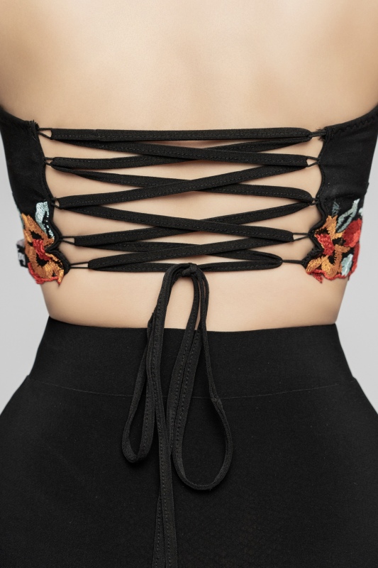Embroidered Red Flower Lace-up Short Suspender (Black)