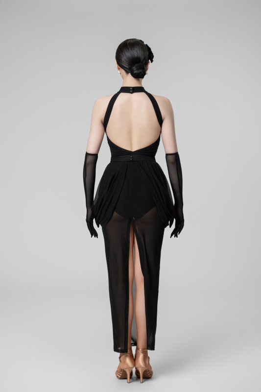 Sleeveless open-back gauze long dress（Black / With headband、gloves）