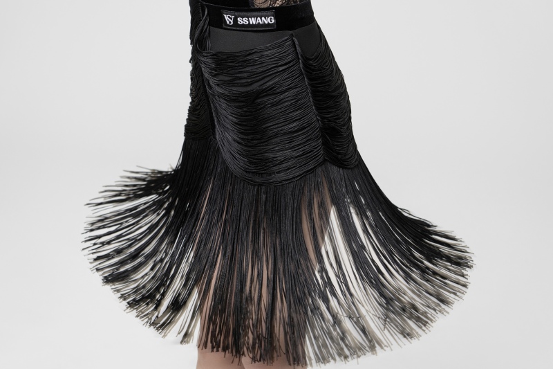 Flat velvet strap Hanging Tassels skirt(Black)