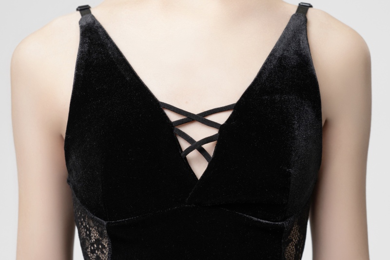 Velvet back cross strap bodysuit(Black)