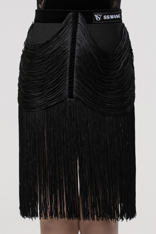 Flat velvet strap Hanging Tassels skirt(Black)
