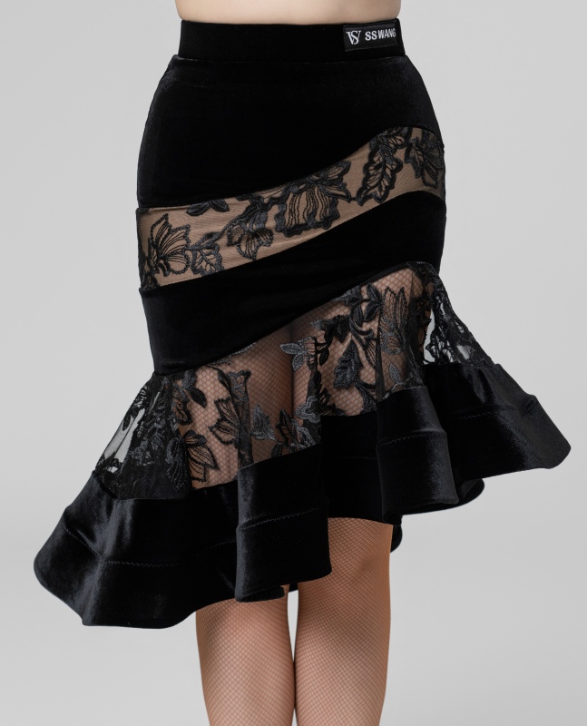 Velvet panels  with rose embroidery Latin skirt（Black）