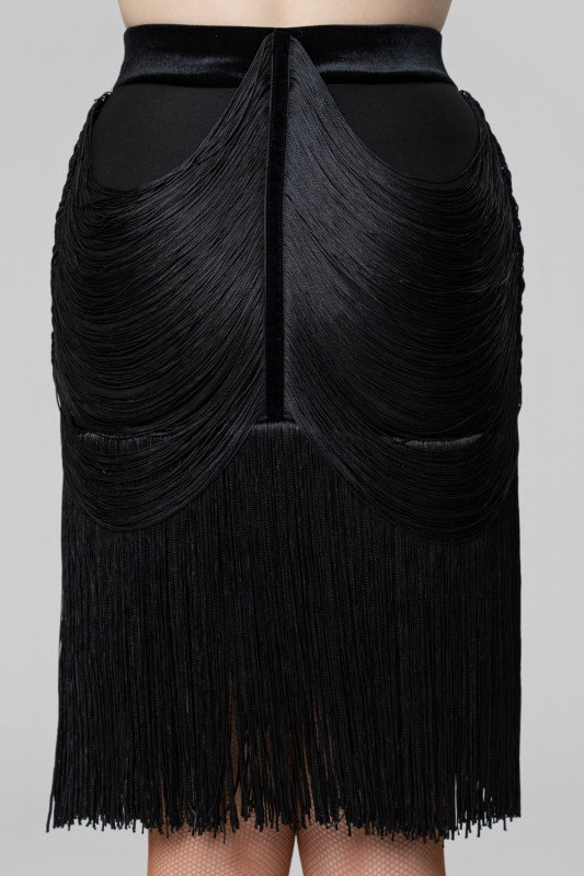 Flat velvet strap Hanging Tassels skirt(Black)