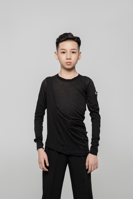 Boy Cotton Irregular Wavy Long Sleeve Top（Black）