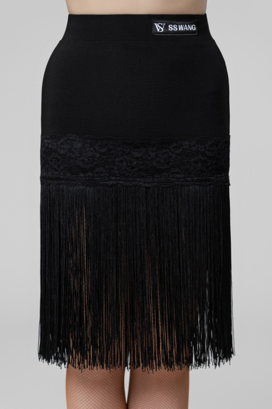 lace-trimmed fringed skirt（Black）