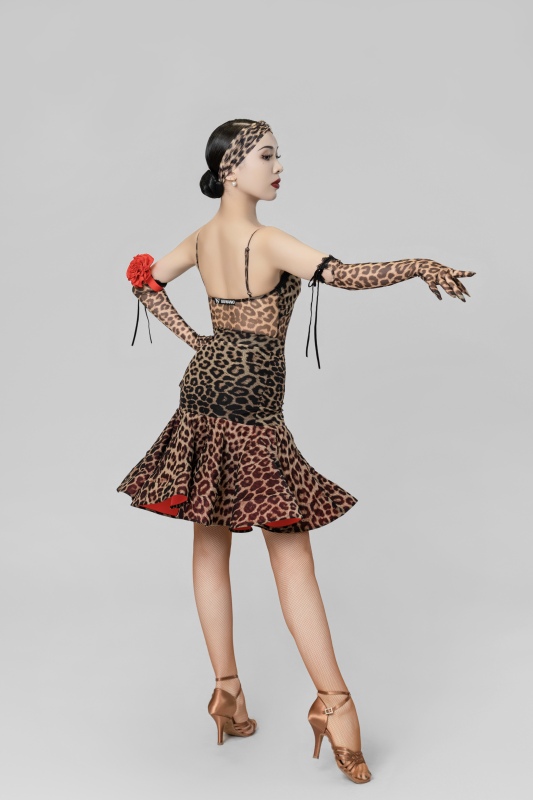 Leopard-print gauze Contrasting Tango Red Skirt（With arm flower）