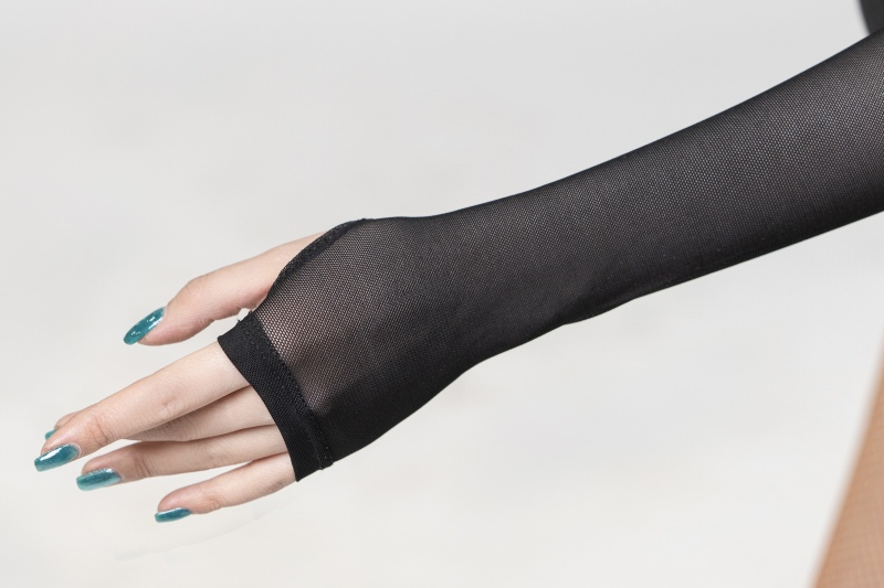Floral open-waist gauze gloves bodysuit（Black）