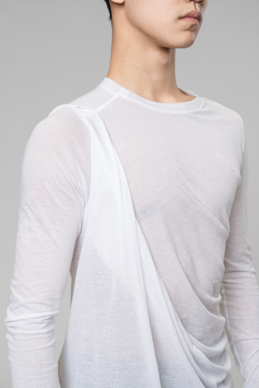 Man Cotton Irregular Wavy Long Sleeve Top（White）