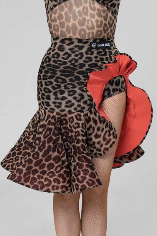 Leopard-print gauze Contrasting Tango Red Skirt（With arm flower）