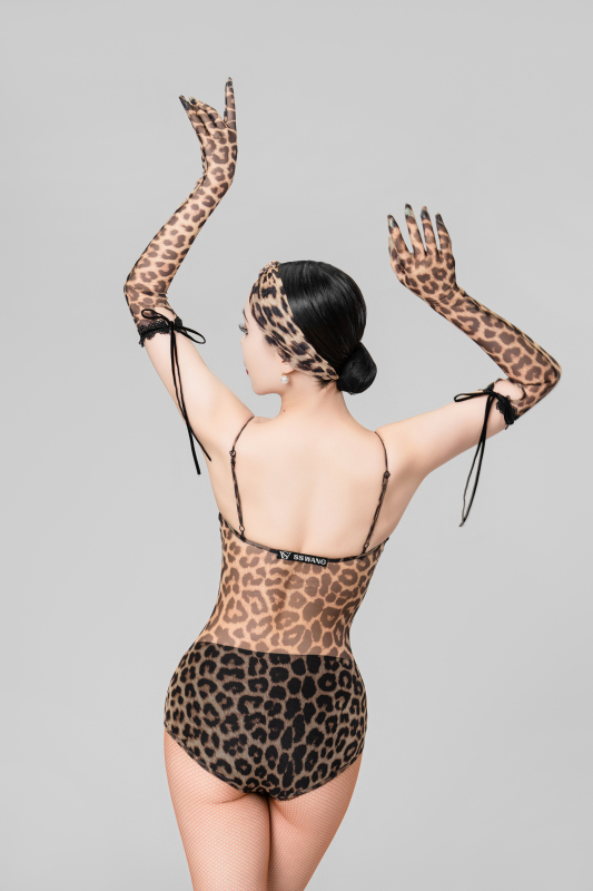 Leopard-print gauze and lace-trimmed suspender bodysuit（With headband、gloves）