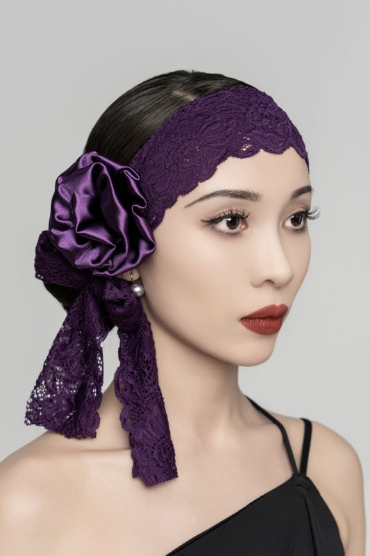 Women’s Satin Flower Hair Clip Lace Headband（Black Purple）