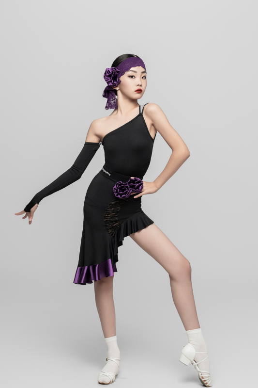Girl's off-shoulder detachable Bodysuit（Black Purple）