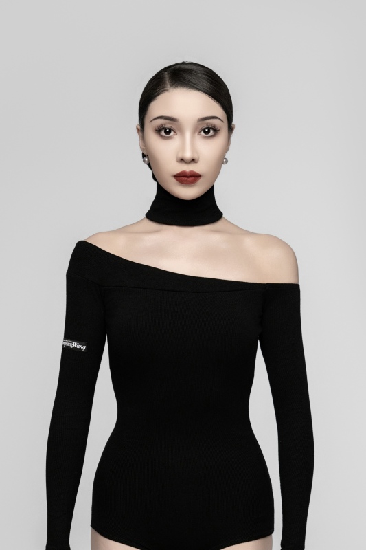 Women's Rib-fabric off-shoulder bateau neck Bodysuit （Black）