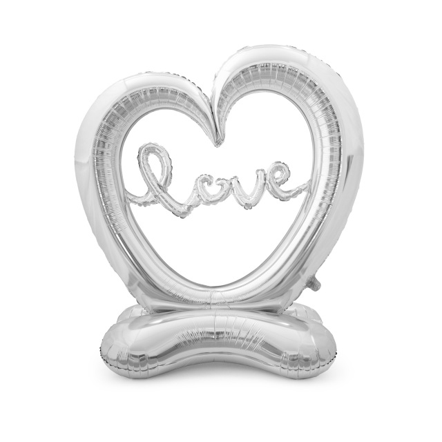 Standing Foil Balloon Hollow Heart with love, 58in, Silver