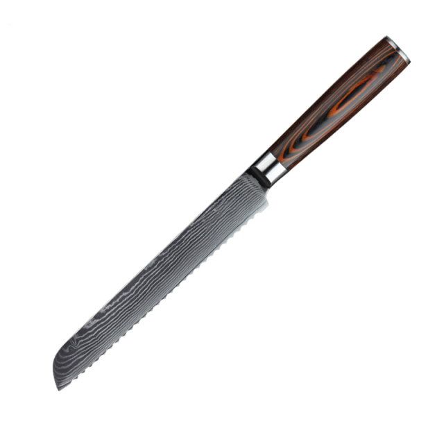 High Quality 8 inch  67 Layers Damascus Steel Kitchen Knife Pakka Wood Handle Damascus Bread Knife