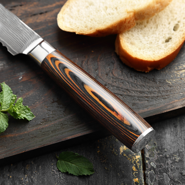 High Quality 8 inch  67 Layers Damascus Steel Kitchen Knife Pakka Wood Handle Damascus Bread Knife