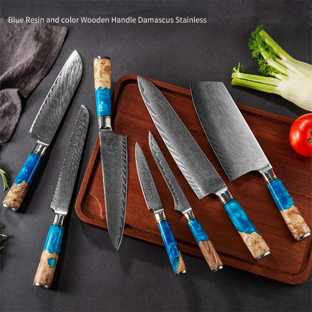 Hot sale 7.5 Inch Bread Knife with Blue Resin Handle Carbon Steel Kitchen knife Damascus Knife