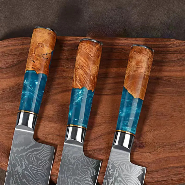 Hot sale 7inch Cleaver Knife with Blue Resin Handle Carbon Steel Kitchen knife Damascus Knife