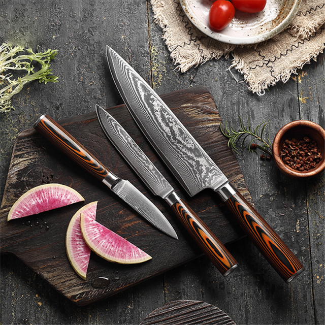 3PCS Professional vg10 67 Layers Damascus Knife Set Pakka Wood Handle Damascus Chef Knife Set