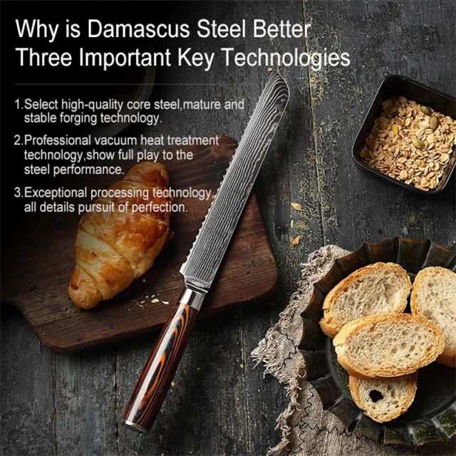 High Quality 8 inch  67 Layers Damascus Steel Kitchen Knife Pakka Wood Handle Damascus Bread Knife