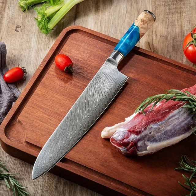 Hot sale 9.5 inch Chef Knife with Blue Resin Handle Carbon Steel Kitchen knife Damascus Knife